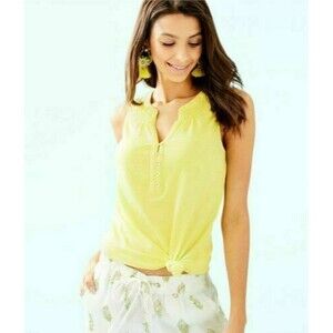 Lilly Pulitzer Essie Tunic Tank Top Smocked Solid Cotton Resort Yellow XS 250551